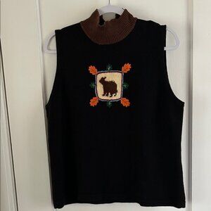 Storybook knit, sleeveless sweater, Leaf and Animal Design